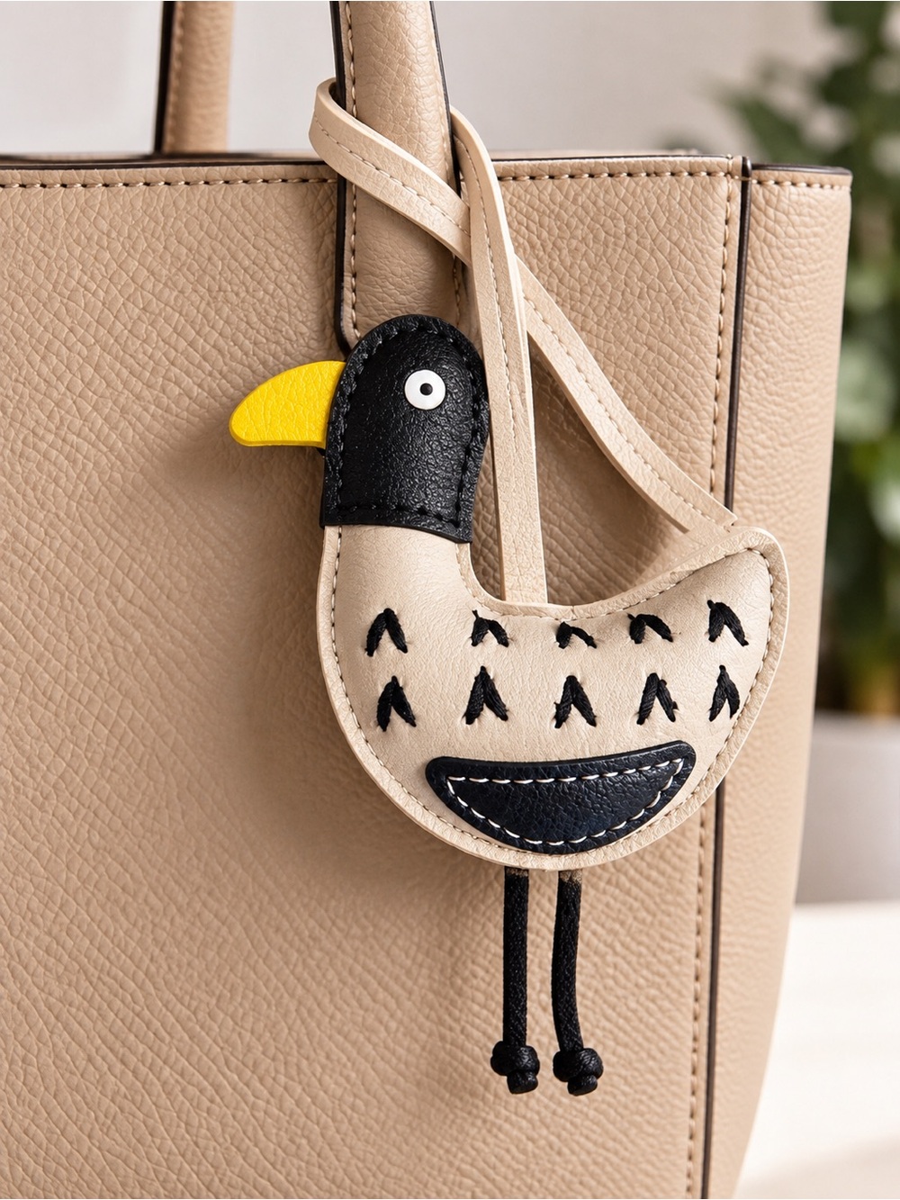 Khaki Goose Duck Bird Faux Leather Purse Bag Charm Keychain
